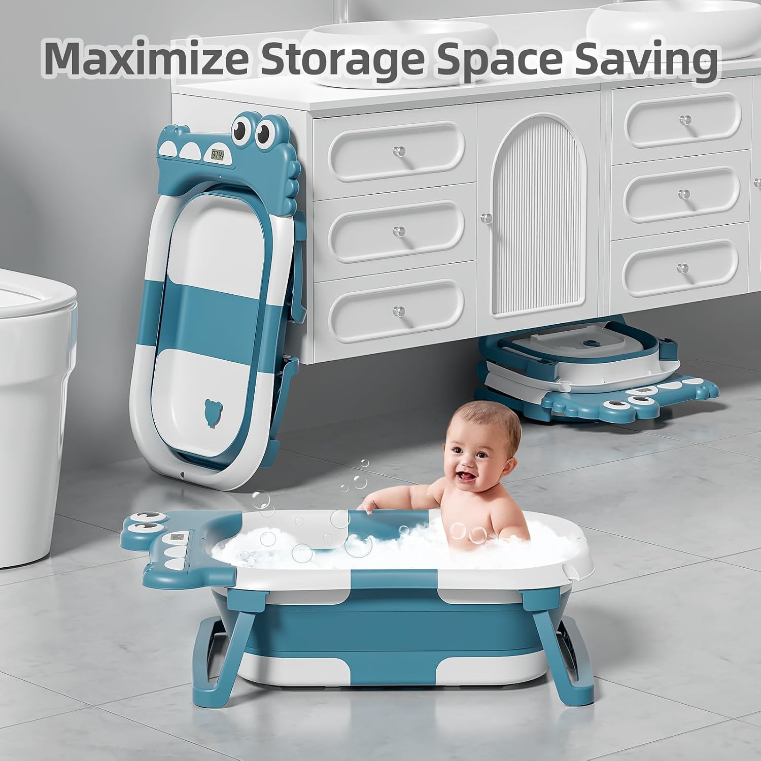 TPN Collapsible Baby Bathtub, Baby Bath Tub with Soft Cushion & Real-Time Thermometer, Baby Bathtub Infant to Toddler Tub (0-36 Months), Portable Newborn Travel Bath Tub