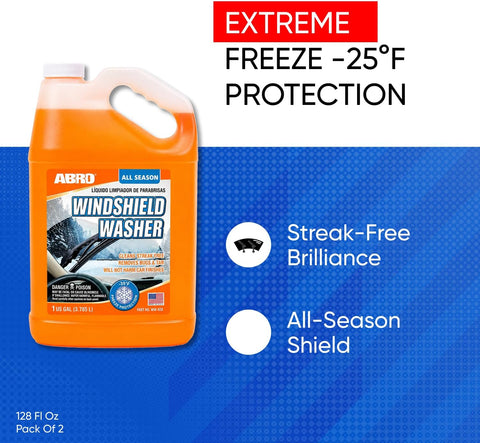 ABRO Windshield Washer Fluid 1 Gallon, Streak-Free Bug Remover, 2 Pack