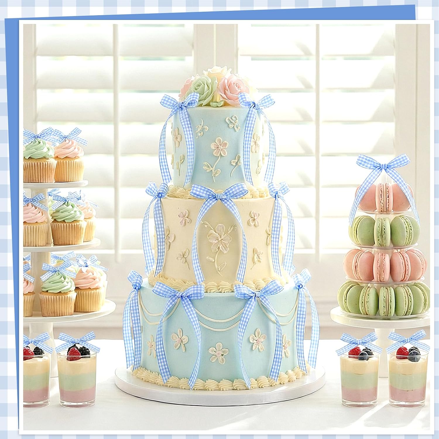 30 Pack Bow Cake Toppers Blue Gingham Ribbon Bows for Cake
