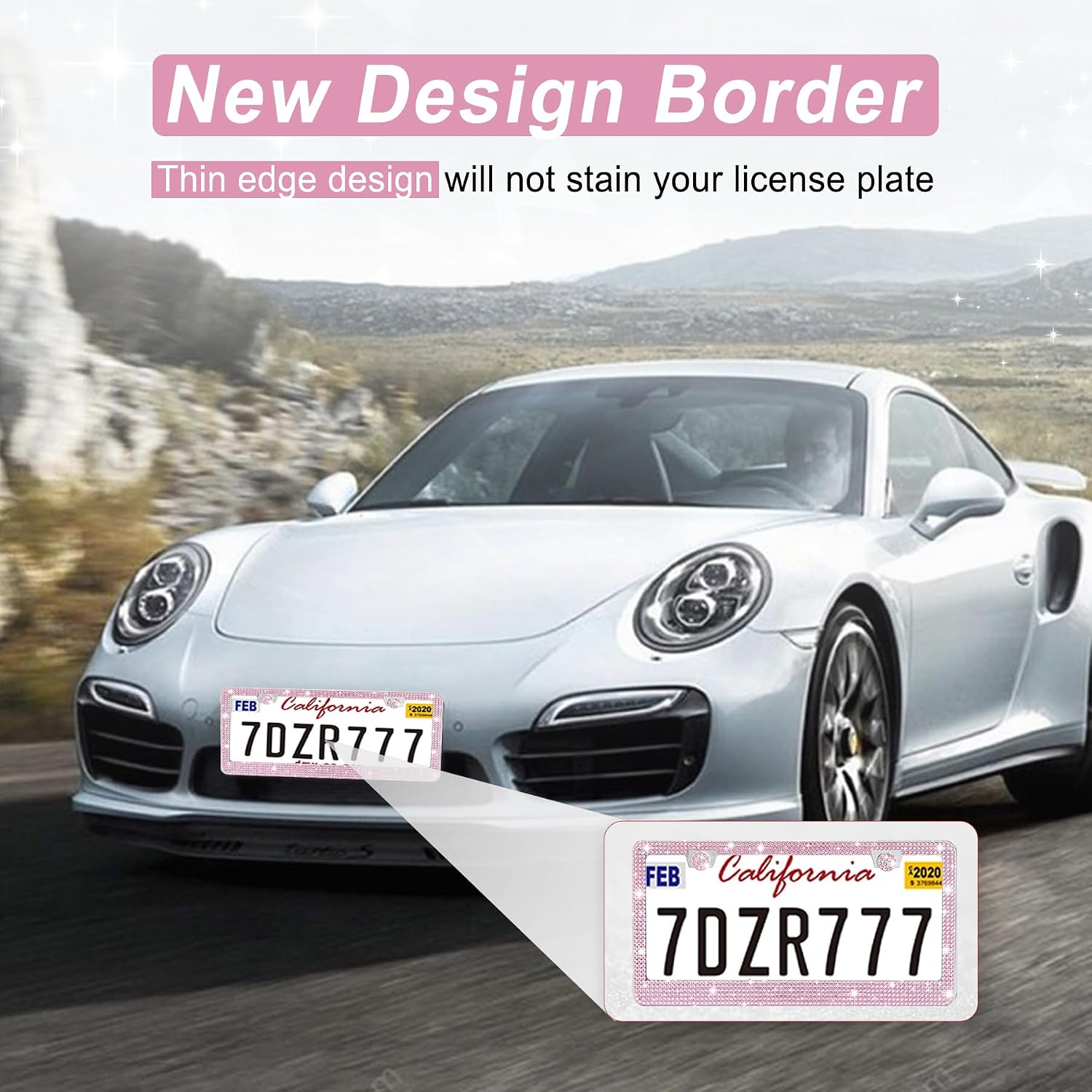 Amiss Bling License Plate Frame for Women, 2Pack Rhinestone Handcrafted Crystal Premium Stainless Steel, Stainless Steel Car Accessories with Diamond Sparkle Glitter Caps (Pink)