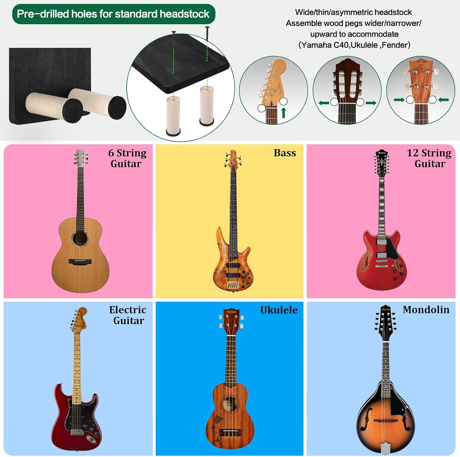 Keebofly Guitar Wall Mount - Single Pack, Wall Hanger with Pick Holder - Guitar & Ukulele Rack, Rustic Wood Black, Patented