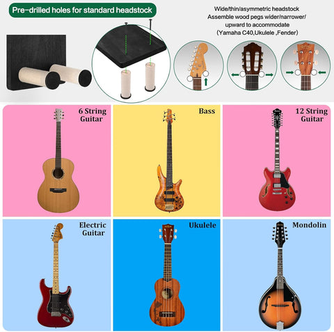 Keebofly Guitar Wall Mount - Single Pack, Wall Hanger with Pick Holder - Guitar & Ukulele Rack, Rustic Wood Black, Patented