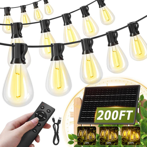 200FT Solar String Lights Outdoor Waterproof 72+2 LED Bulbs, Solar Powered with Remote & USB Port, 3 Light Modes Dimmable Patio Lights for Large Backyard, Garden, Party