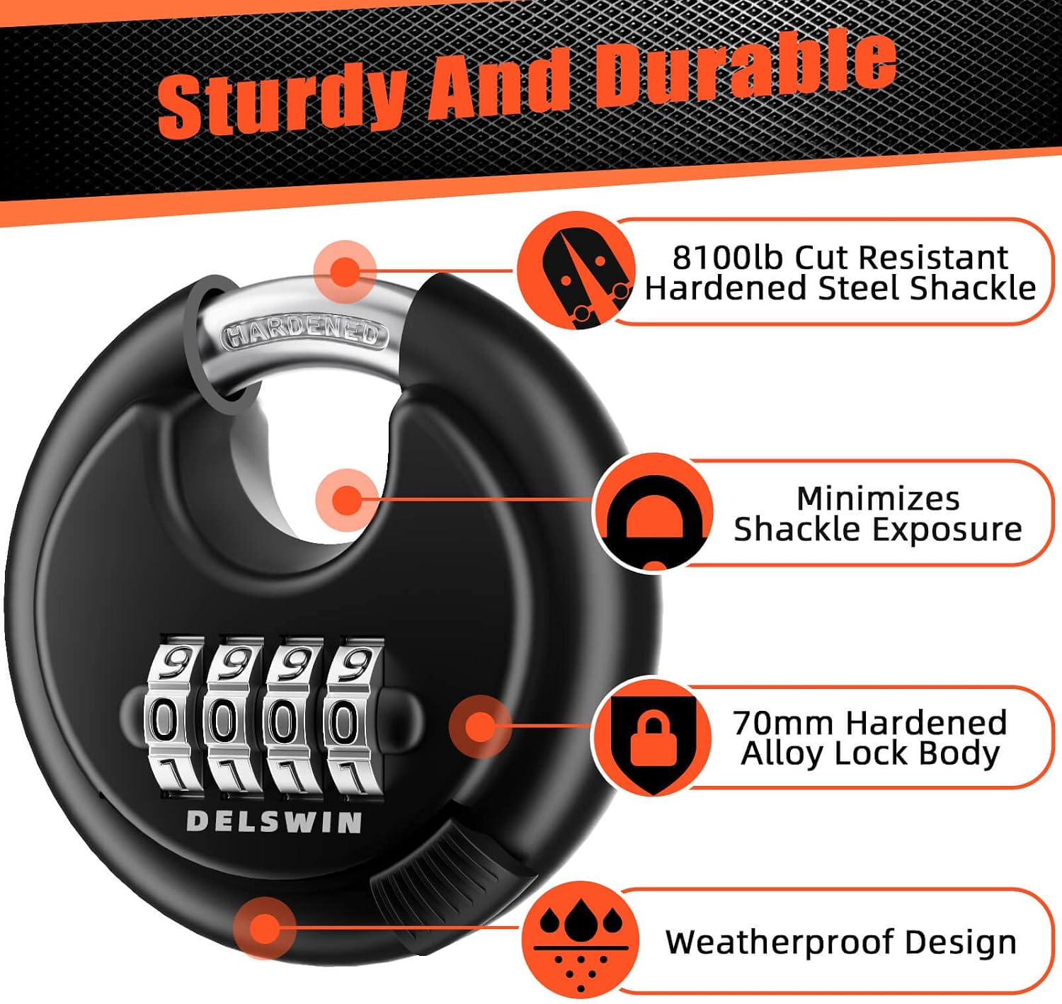 DELSWIN 4 Digit Combination Disc Padlock with Hardened Steel Shackle Combo Lock for Sheds, Storage Unit, School Gym Locker and Fence (Black,1Pcs)