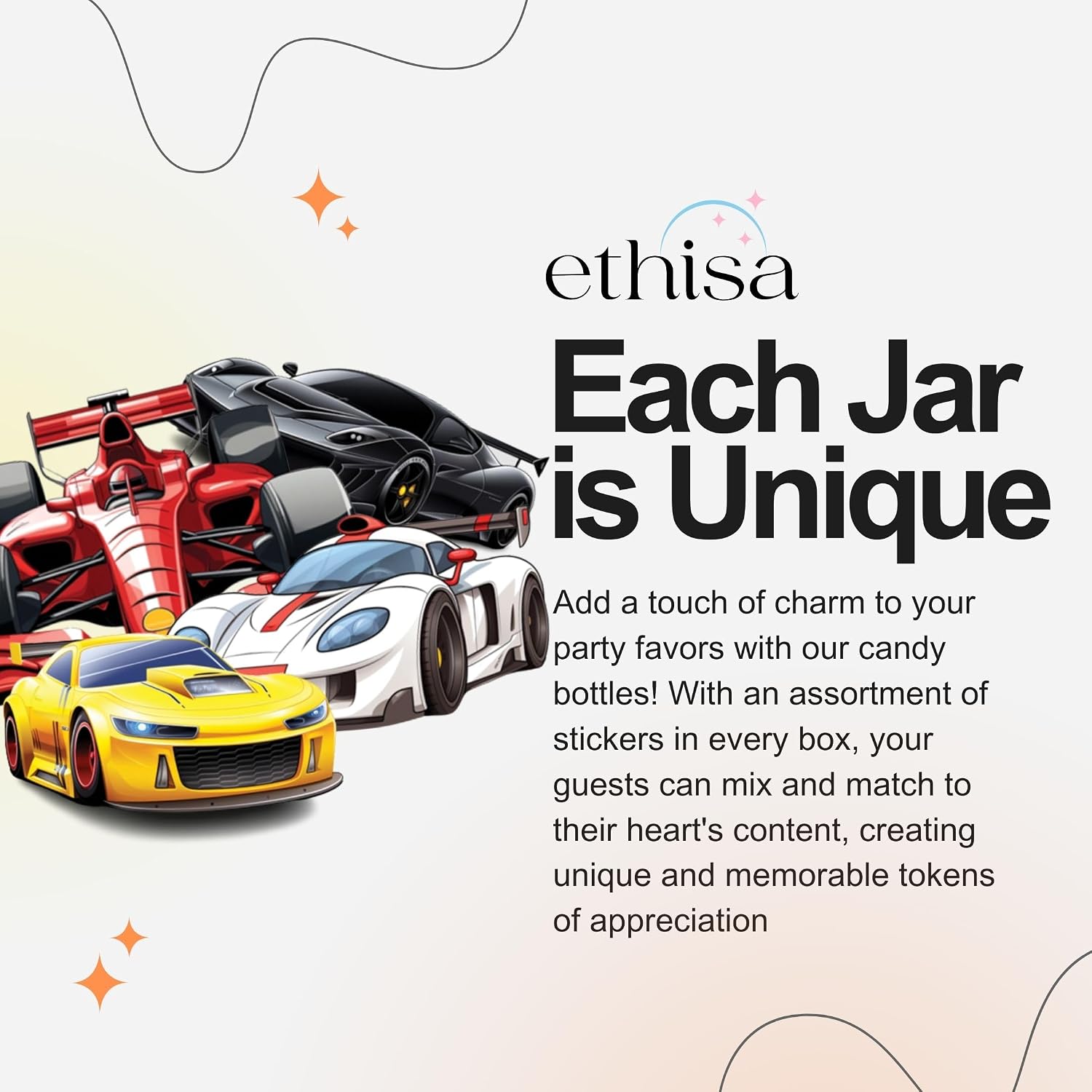 Ethisa Small 12 Pack Race Car Party Favors - DIY Candy Jars with Ribbons and Stickers - Party Decoration Bottles for Birthday and Baby Shower - Racecar Table Centerpieces