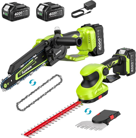 Supstable 3-in-1 Cordless Mini Chainsaw & Hedge Trimmer Combo, 8 Inch Mini Chainsaw with Grass Shear, 800W Brushless Motor, 2×4000mAh Batteries, Garden Tool Set for Tree Trimming & Lawn Care