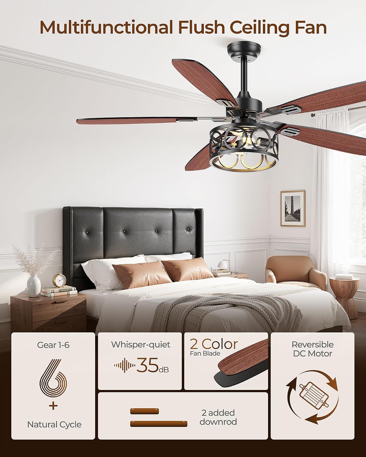 BLNAN 52 Inch Ceiling Fan with Lights and Remote, Caged Ceiling Fans Dual Finish 5 Blades, 6 Speeds + Natural Wind, Quiet <35dB, Flush Mount Ceiling Fan for Living Room, Kitchen and Porch
