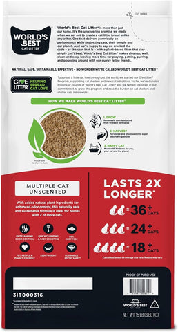 World's Best Cat Litter, Multiple Cat, Unscented, Odor Control, 15 lb Bag