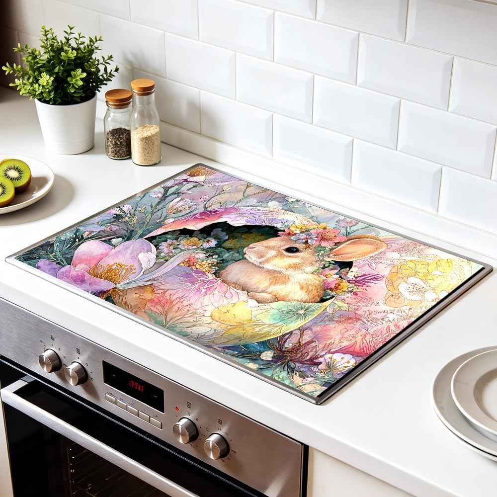 Stove Top Cover for Electric Stove 28.4 x 20.5 Inch Non Slip Stove Mat Oil Proof Easter Bunny Floral Glass Cooktop Protector Kitchen Mat