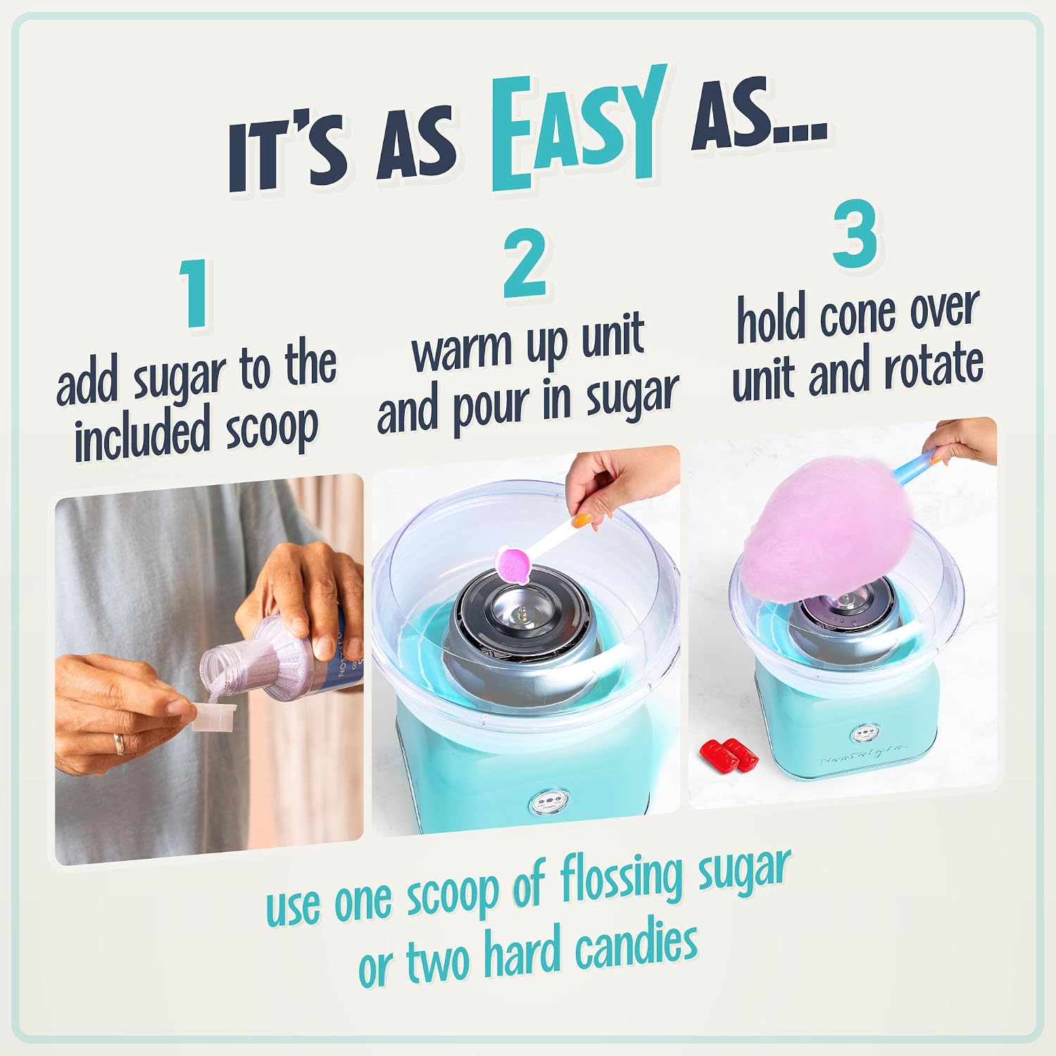 Nostalgia Classic Countertop Cotton Candy Machine, Manual, Retro Vintage Candy Maker Includes 2 Reusable Cones & Scoop, Aqua
