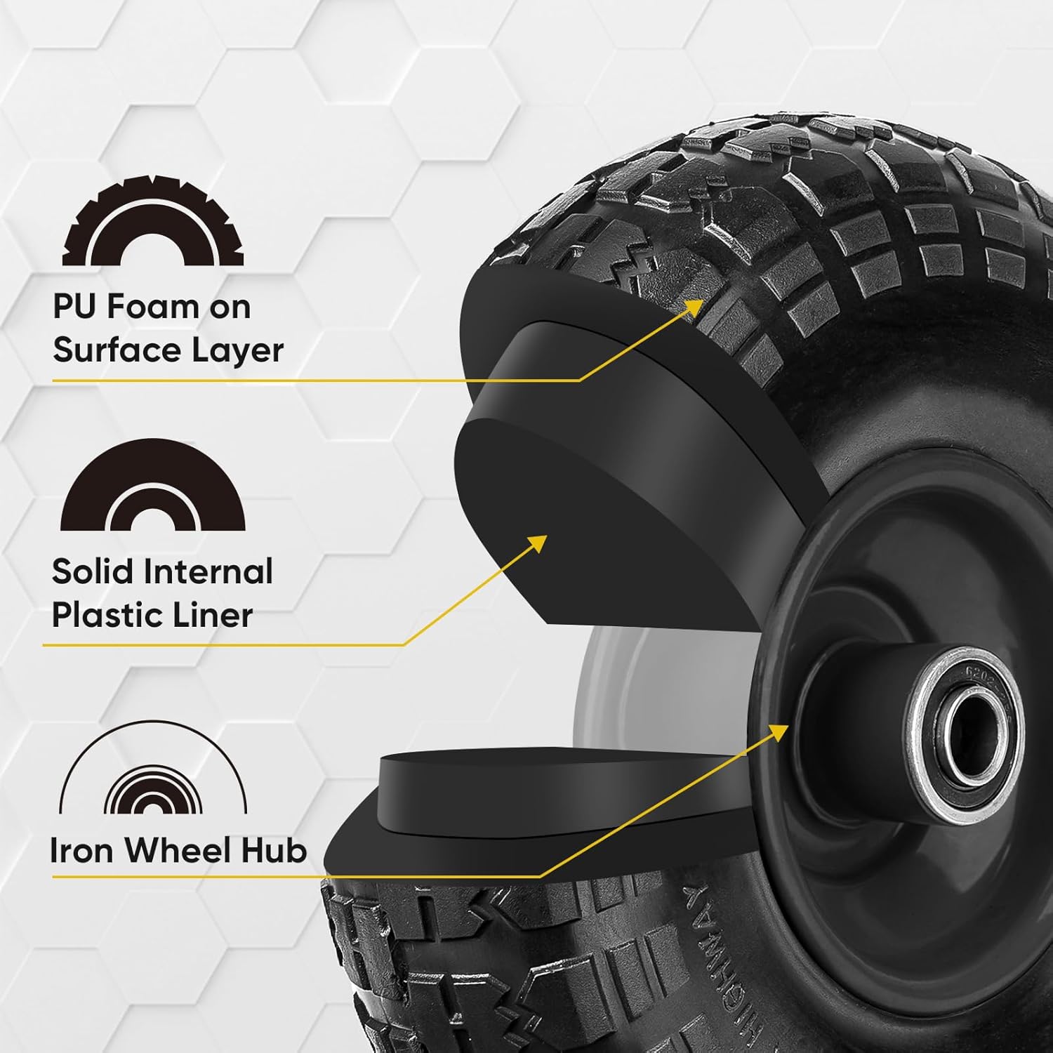 TICONN 10" Solid Tires, 4.10/3.50-4 Tire and Wheel Flat Free, 5/8" Bearings