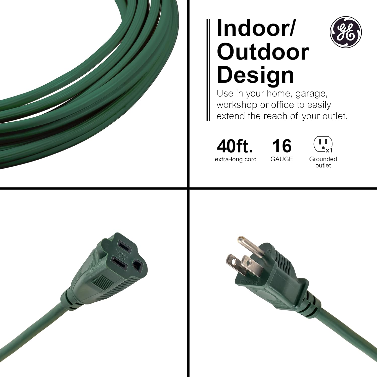 GE Outdoor Extension Cord, 40 Ft, Grounded Heavy Duty Extension Cord, 16AWG