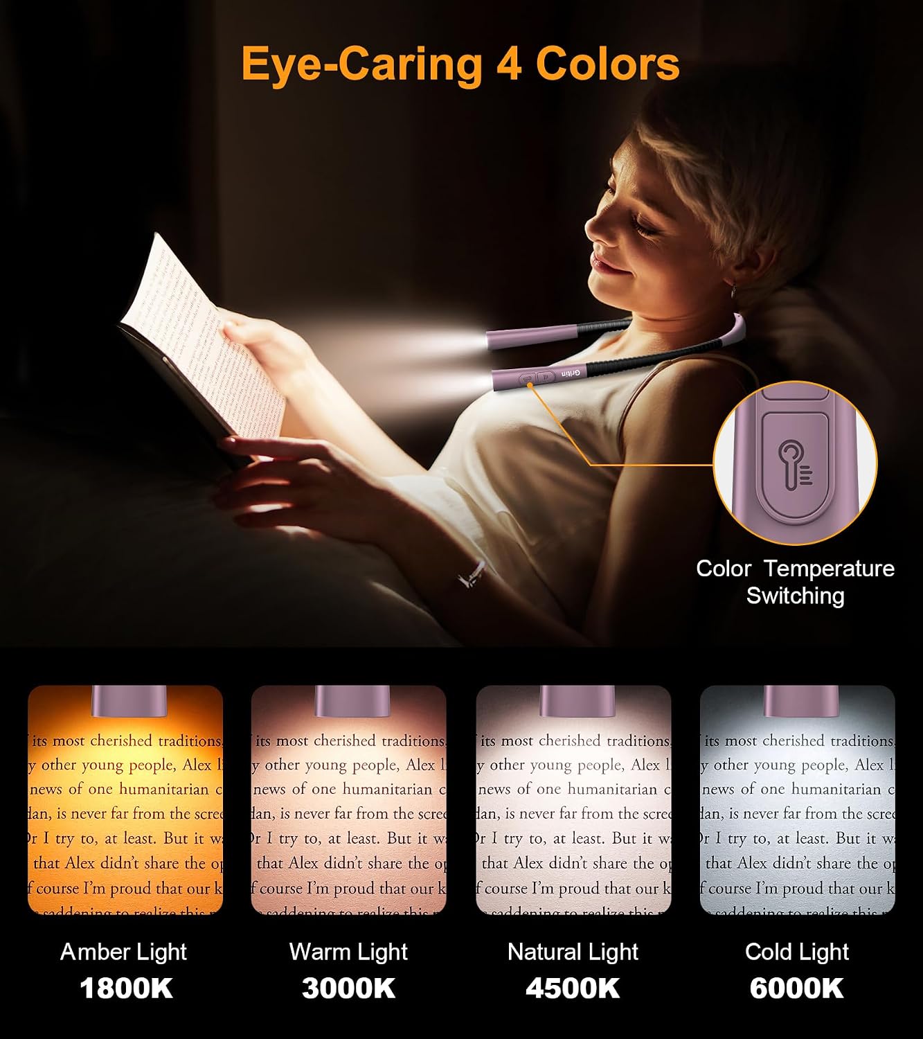 Gritin Book Light, Eye Caring 4-Color&5-Brightness Neck Light Reading Light