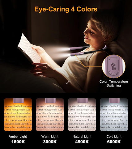 Gritin Book Light, Eye Caring 4-Color&5-Brightness Neck Light Reading Light