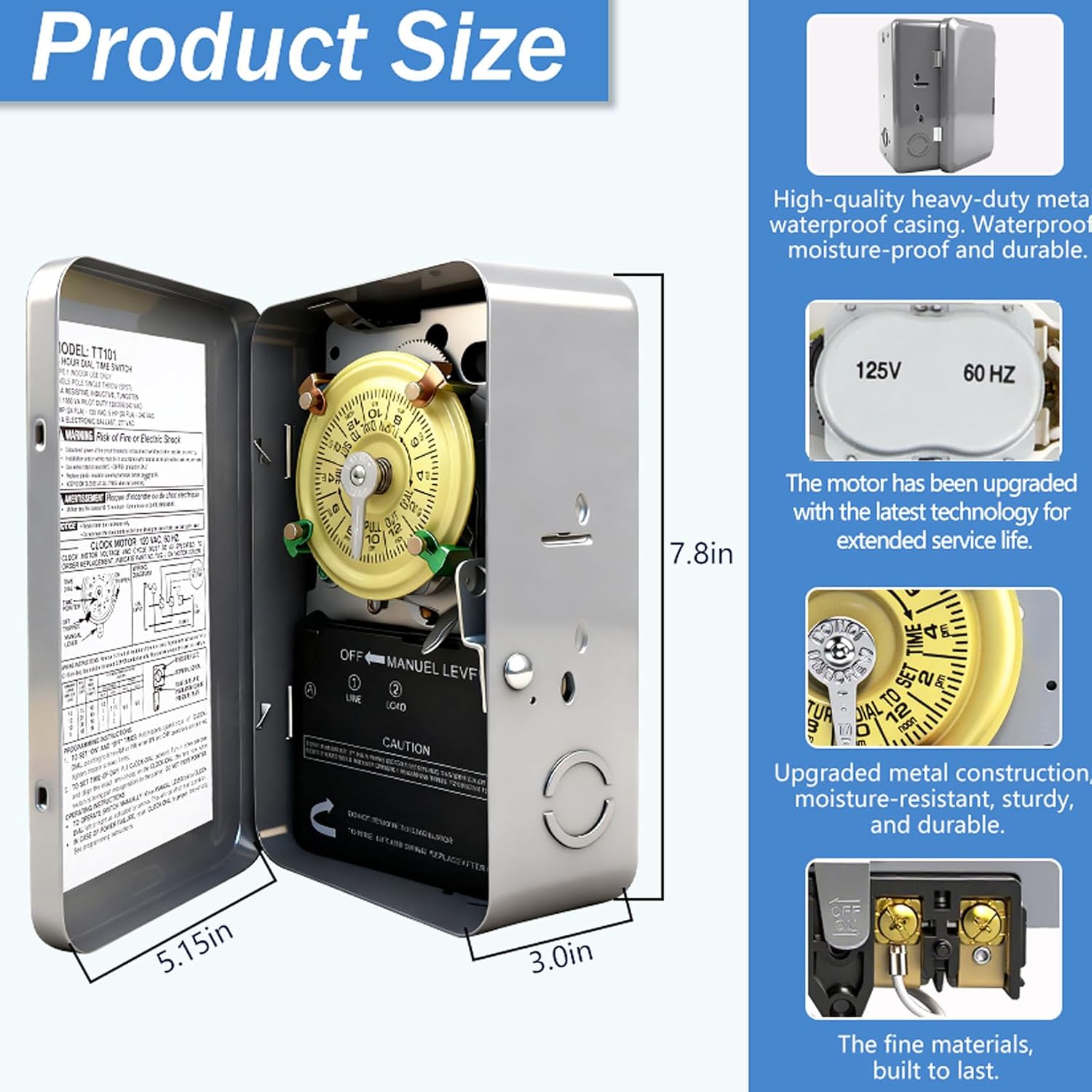 T101 Mechanical Timer Switch, T101 Pool Timer, 120V 2HP SPST 40A Time Switch, 24 Hour 12 ON/Off for Pool Pump, Heavy-Duty Mechanical Time Switches, for Lights Pumps HVAC Systems, 5 Years Warranty