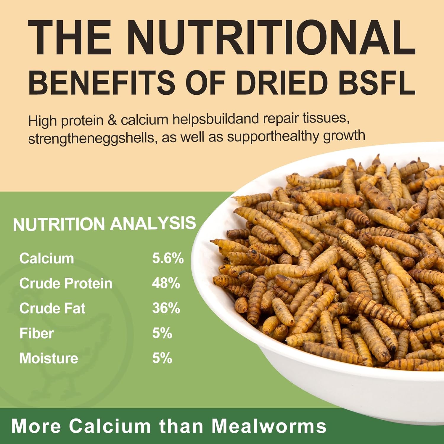 5LB Dried Black Soldier Fly Larvae for Chickens Treats Bulk, Non GMO BSF Larvae 85X More Calcium Than Dried Mealworms for Laying Hens, Chicken Worms for Wild Birds