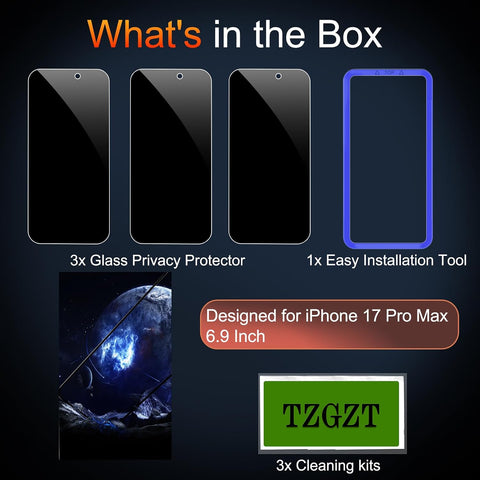 TZGZT Privacy Screen Protectors for iPhone 17 Pro Max, Tempered Glass, HD