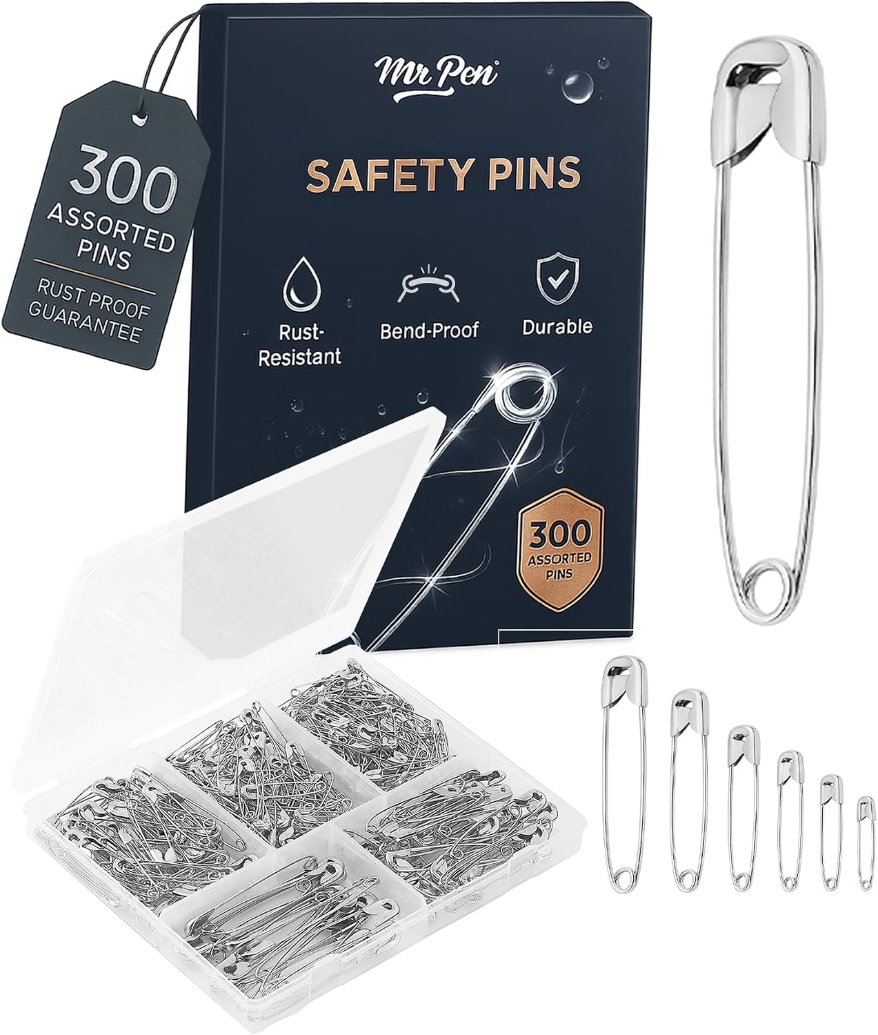 Mr. Pen- Safety Pins, 300 Pack, Small & Large Sizes, Nickel Plated Steel