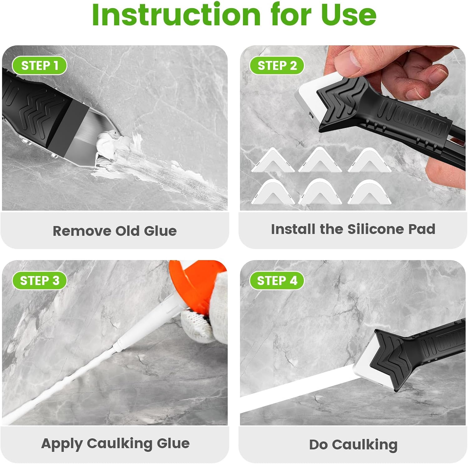 Silicone Caulking Tool, 5 in 1 Caulking Sealant Finishing Tool with Grout Scraper, 6 Exchange Silicone Pads, Adhesive Residue Scraper Seam Repair Kit for Kitchen Bathroom (White)