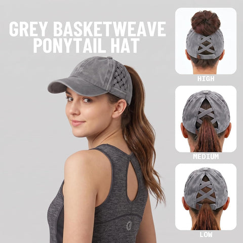 Funky Junque Criss Cross Ponytail Cap, Messy Bun Distressed Baseball Hat