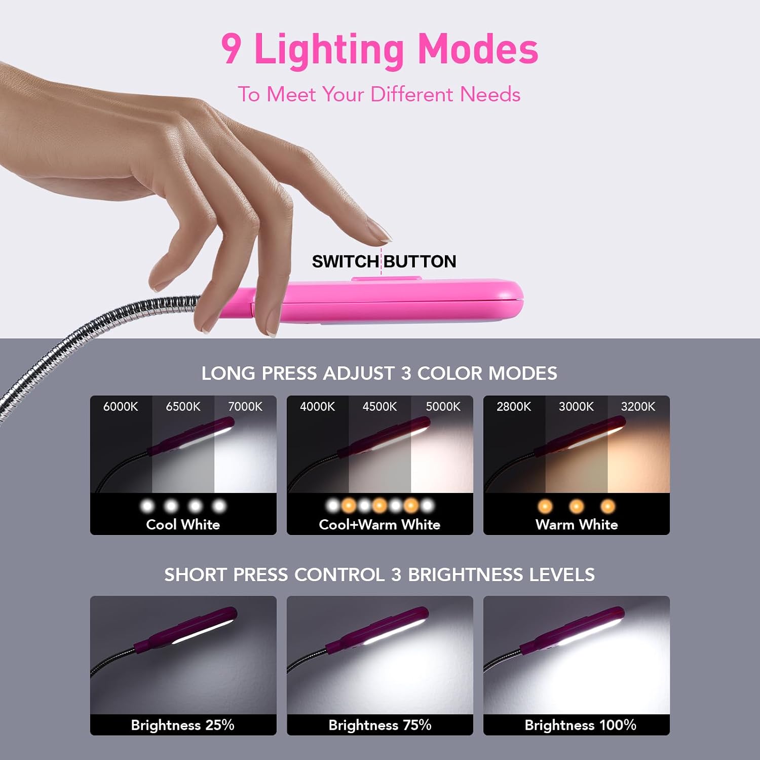 VAVOFO Rechargeable Book Light for Reading in Bed Kids, 7 LED Reading Light with 9-Level Warm Cool White Daylight, Eye Care Lamp with Power Indicator for Bookworms (Rose)