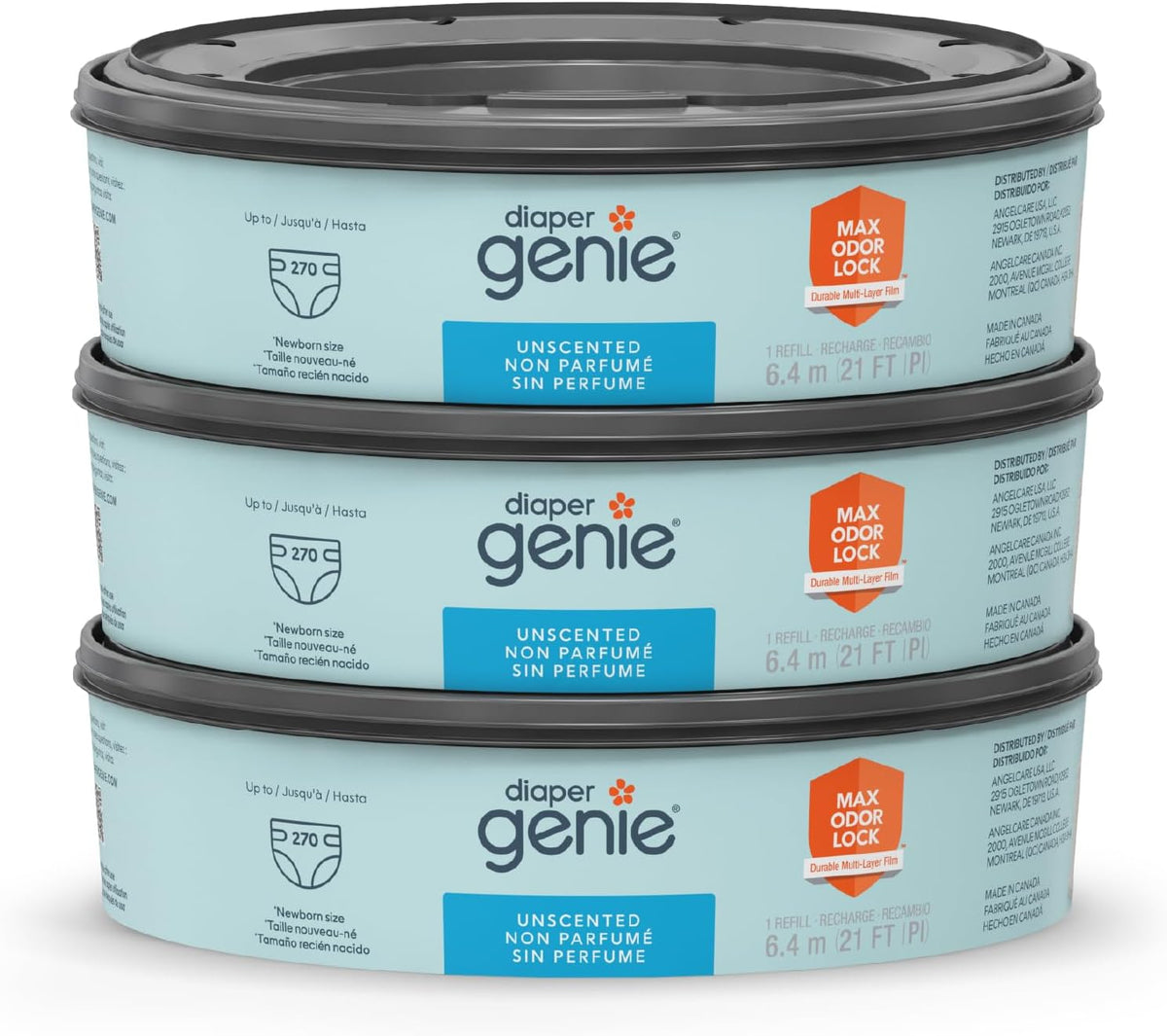 The Diaper Genie Unscented Round Refill 3-pack, with continuous film can hold up to 810 newborn-sized diapers per refill.