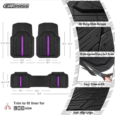 CAR PASS Rubber Floor Mats for Cars, Car Mats Full Sets DeepDish,Universal S~L Size Trim-to Fit Automotive Floor Mat for Truck Van SUV, Heavy Duty Waterproof All-Weather Floor Liners Black Purple