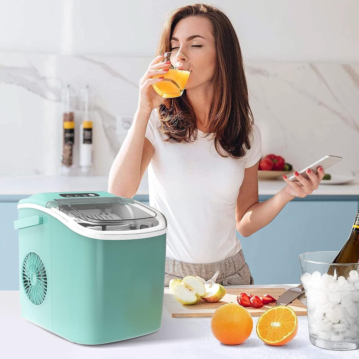 Portable Ice Maker Machine With Handle, 27lbs/24Hrs, 6Mins/9 Ice Cubes, Self-Cleaning With Basket/Scoop, Countertop Ice Makers for Home/Kitchen/Office(Green)