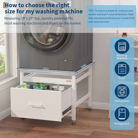 Garvee 29" Heavy Duty Metal Washer and Dryer Pedestals with Pullout-Shelf and Drawer, Universal Fit Anti-Vibration Washer Dryer Base with Adjustable Feet, Up to 850 LBS Capacity, 29"x29''x23'', White