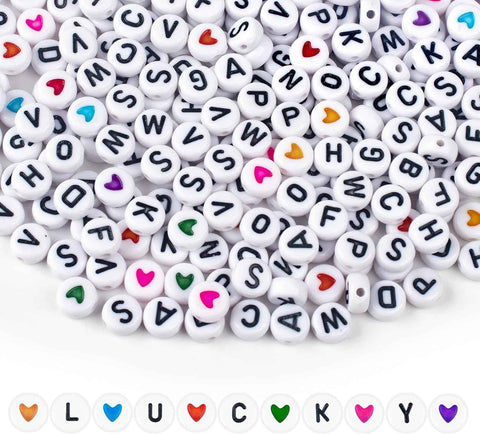 1000PCS Letter Beads, White Alphabet Beads and Colorful Heart Beads