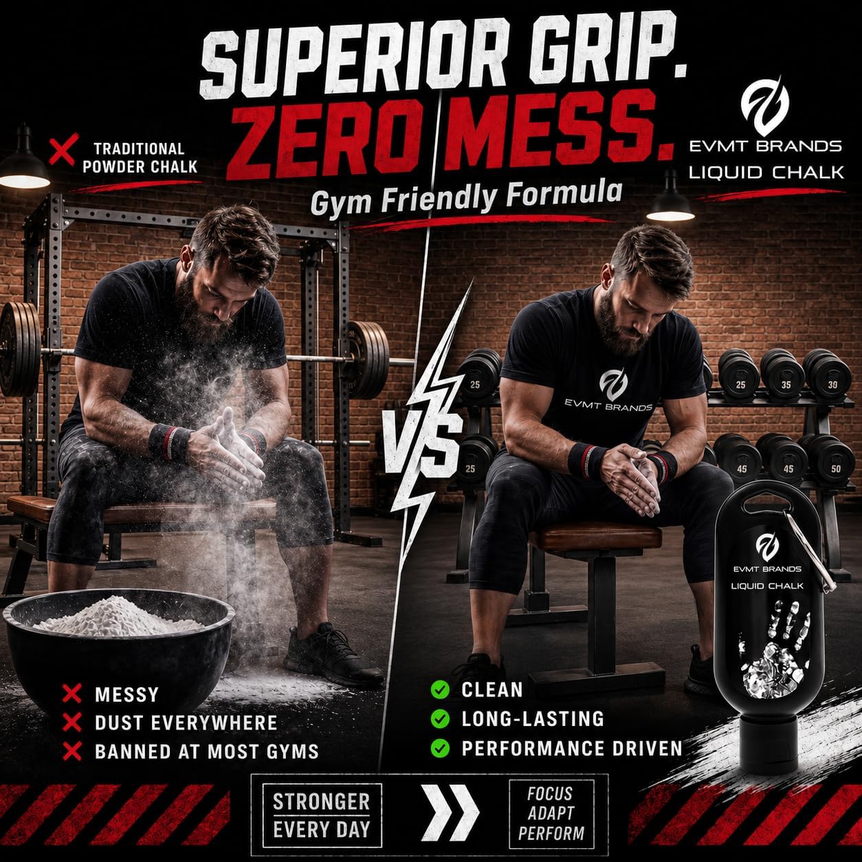 EVMT Brands Liquid Chalk, Mess Free Gym Chalk for Weightlifting, Gymnastics, Rock Climbing, Dancing. Sweat Resistant and Long Lasting for Stronger Grip.