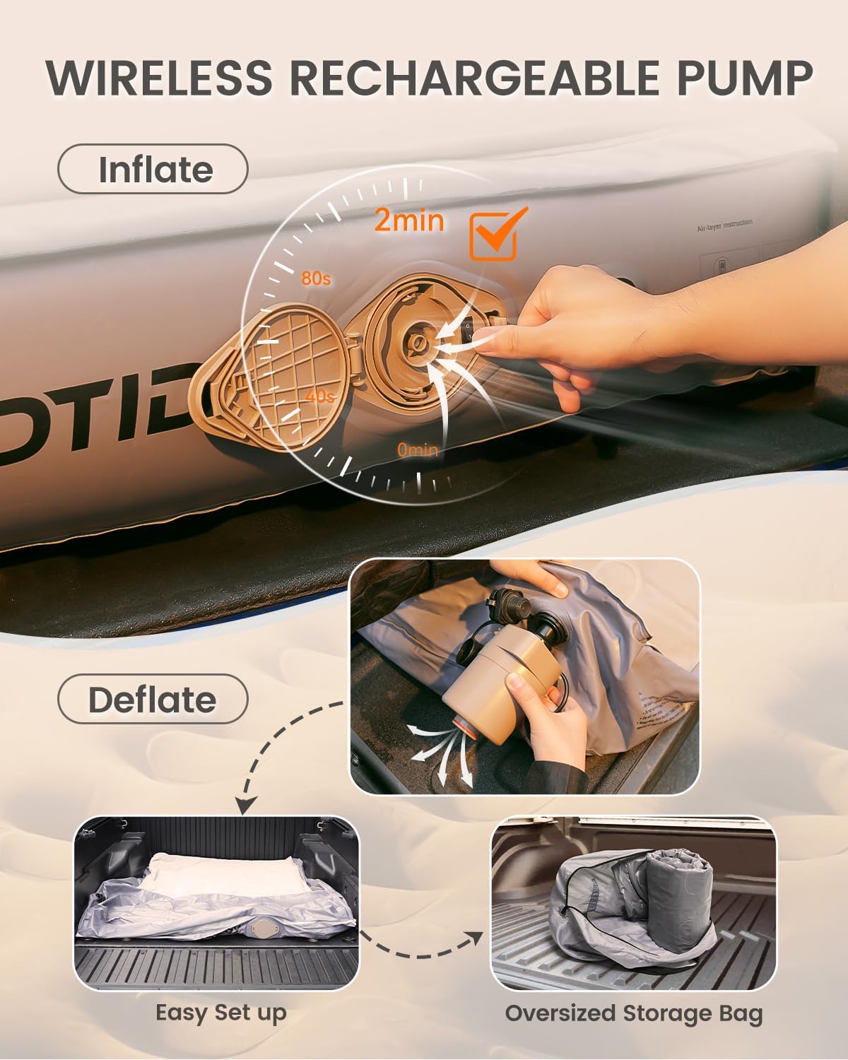 Short Truck Bed Air Mattress 5-5.5ft for Mid-Size Pickup with Tailgate Extension, Truck Bed Mattress for Tacoma Jeep Gladiator JT,Wired Air Pump, Oversized Carry Bag, Integrated Pillow