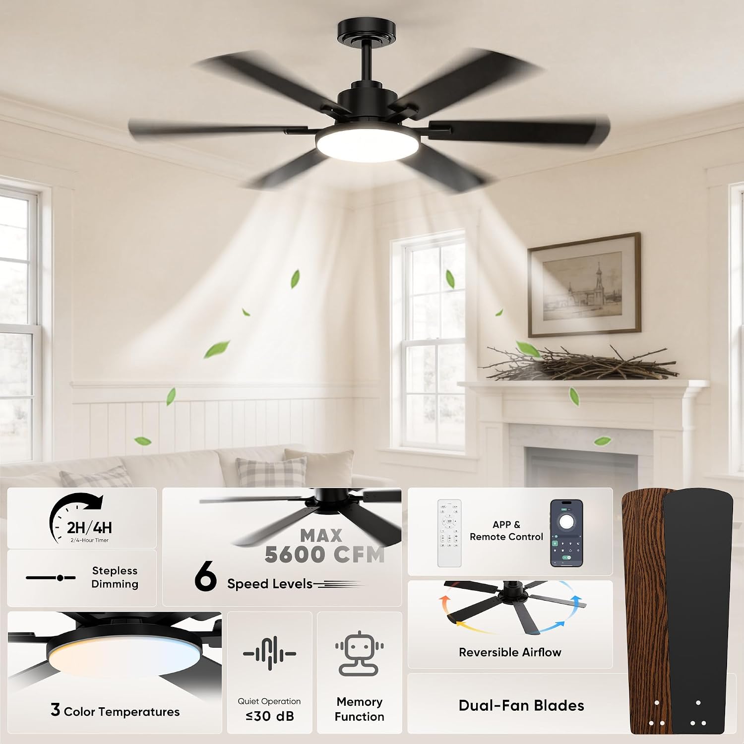 52'' Ceiling Fans with Lights and Remote Control for Living Room