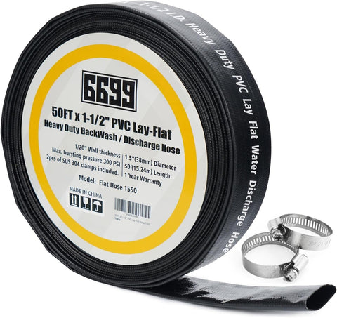 Discharge Hose 1-1/2-Inch by 50-foot Sump Pump Hose with 2pcs SUS 304 Clamps Pool Backwash Hose for Draining/Removing Water Lay Flat Hose 1550