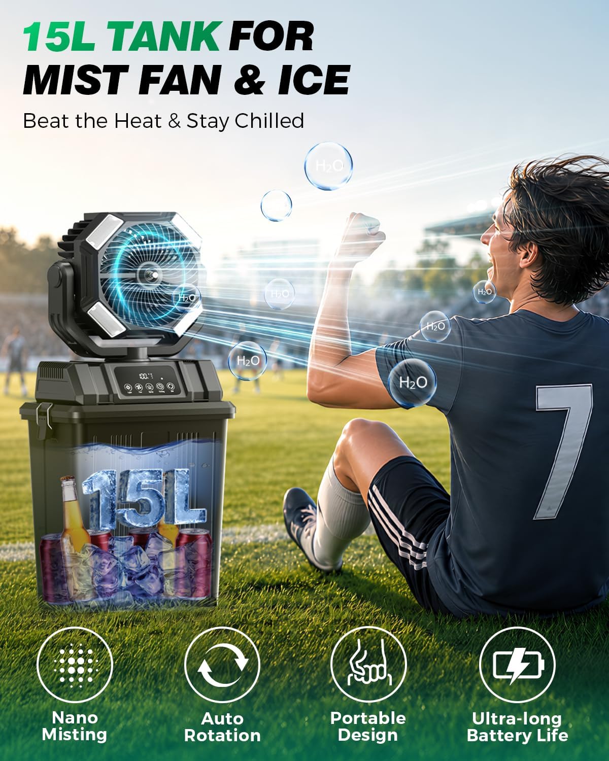 40000mAh Misting Fans for Outside, 15L Portable Outdoor Cooling Fan with Auto Oscillation, LED Light, Timer, Rechargeable Battery Powered Mister Fan for Camping, Beach, Patio