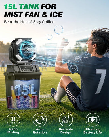 40000mAh Misting Fans for Outside, 15L Portable Outdoor Cooling Fan with Auto Oscillation, LED Light, Timer, Rechargeable Battery Powered Mister Fan for Camping, Beach, Patio