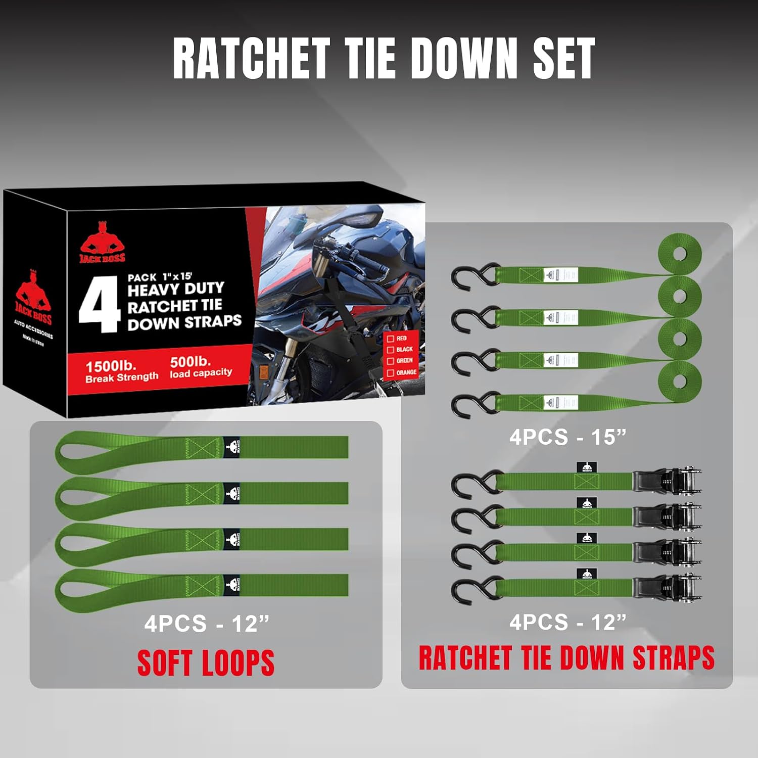 Jack Boss Ratchet Tie Down Straps Set,1500 lbs Break Strength, 1" x 15' Heavy Duty Ratchet Straps with 4X Soft Loops Padded Handles Coated S Hook, Fits for Moving Appliances Motorcycle ATV Truck,Green