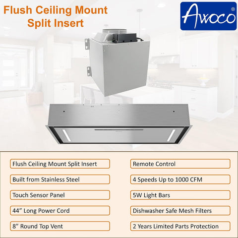 36"Wx19"D Flush Ceiling Mount Split Insert Range Hood with 8" Remote Blower