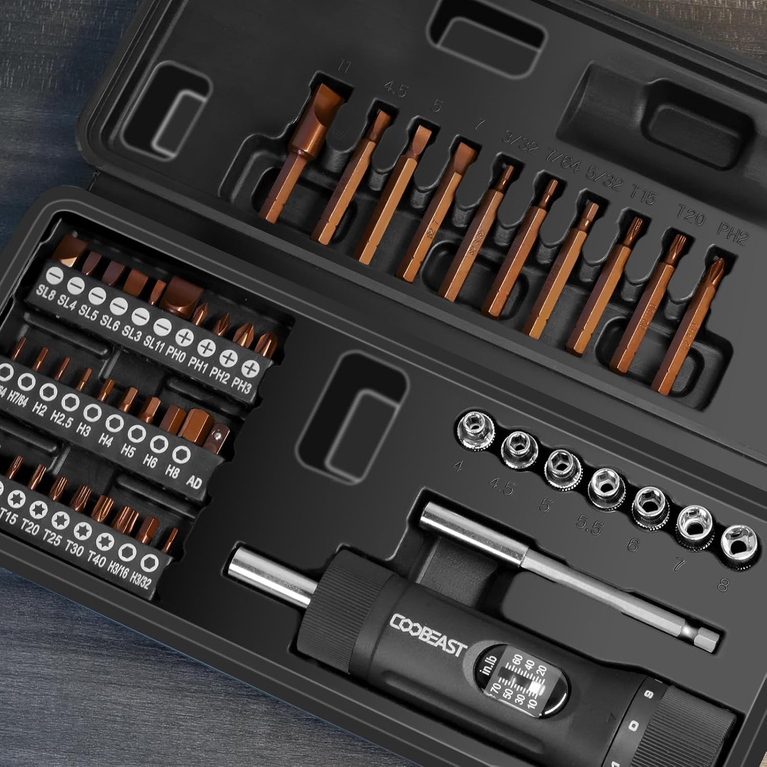 coobeast 49Pcs Preset 1/4” Drive Torque Screwdriver with S2 Bits