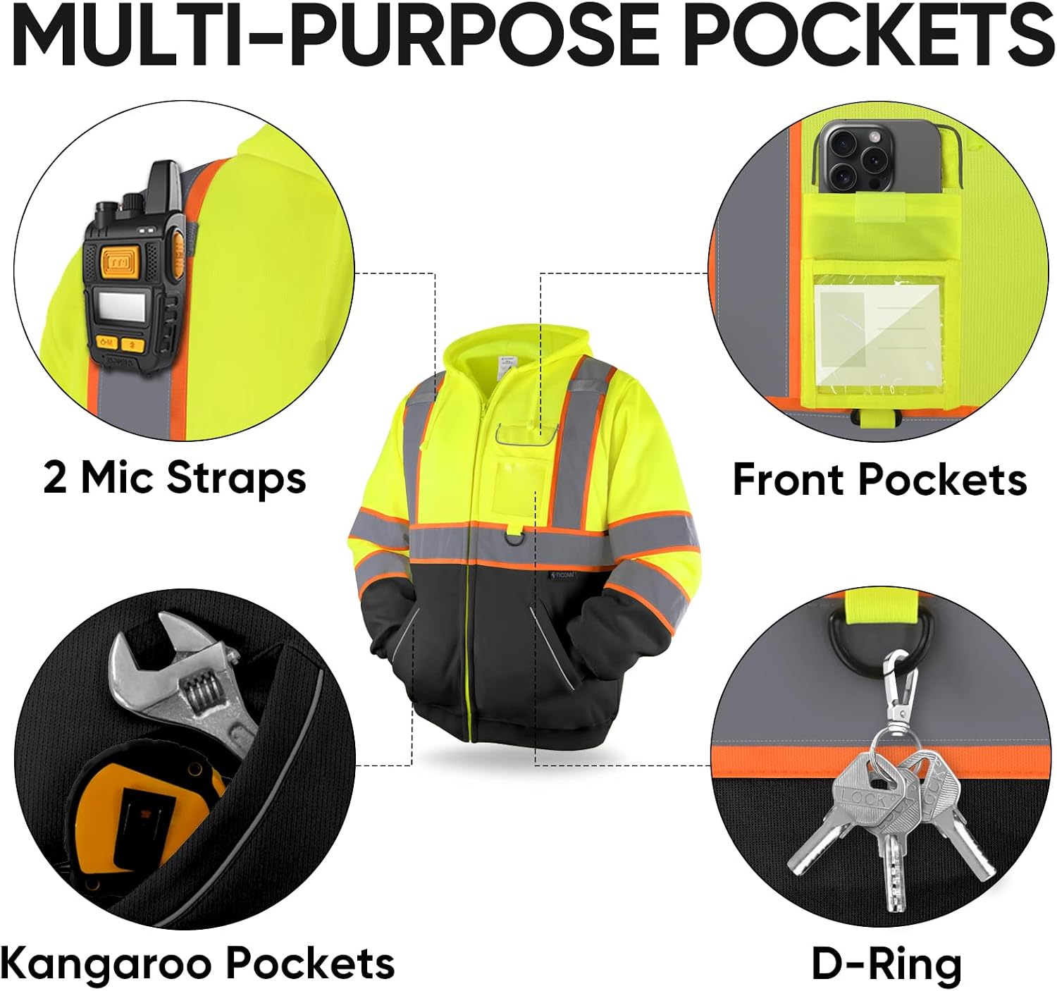 TICONN Hi Vis Safety Hoodie, ANSI Class 3 Reflective Fleece Sweatshirt