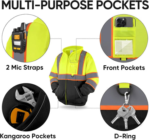TICONN Hi Vis Safety Hoodie, ANSI Class 3 Reflective Fleece Sweatshirt