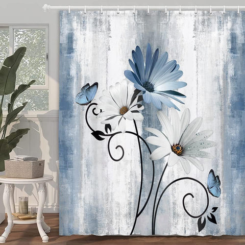 Rustic Farmhouse Shower Curtain, Farm Blue Daisy Floral Flowers and Butterfly on Country Wooden Shower Curtain for Bathroom, Turquoise Blue Bathroom Shower Curtains with 12PCS Hooks, 70X84IN