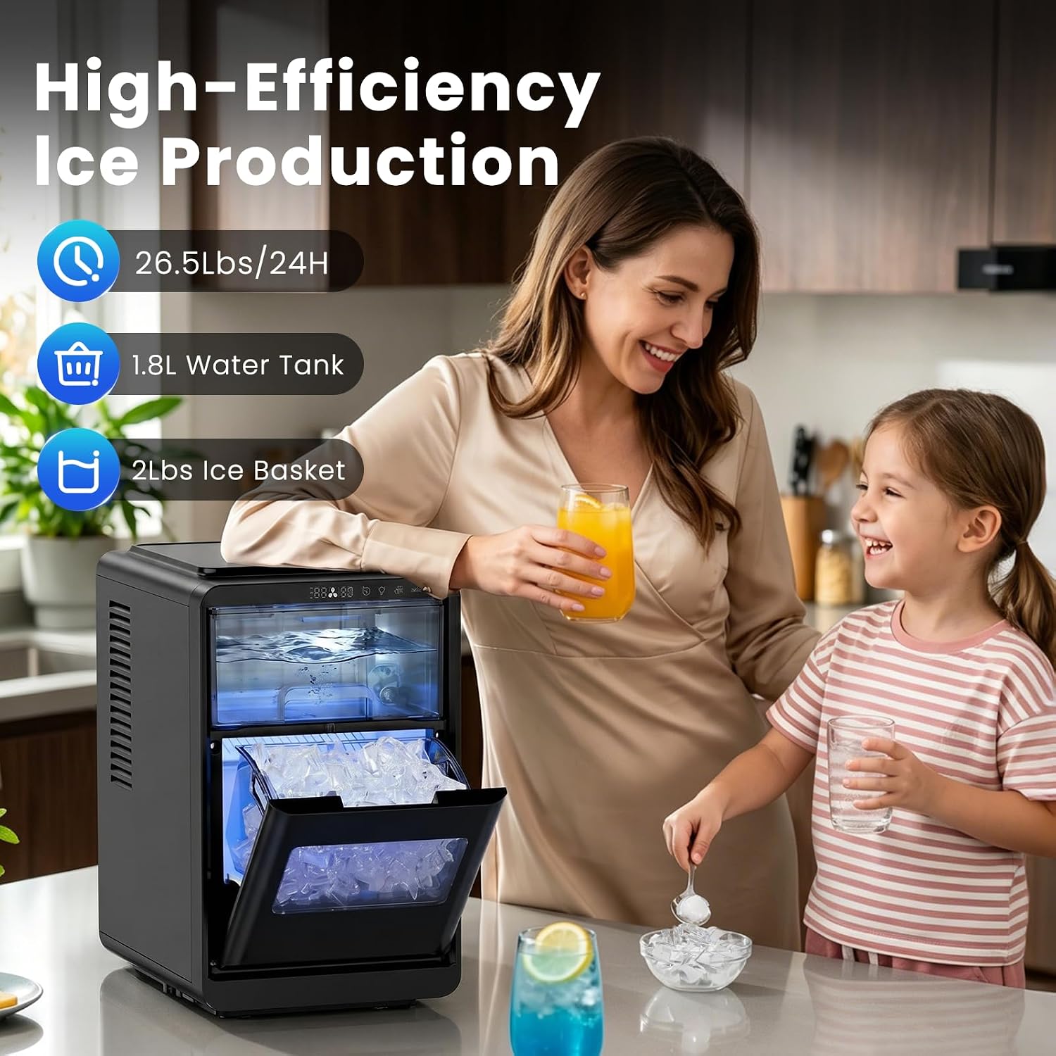 Kismile Crescent Ice Maker Countertop, 26.5 Lbs/24H, Self-Cleaning, LED Display, Timer, Adjustable Ice Thickness, Portable Ice Machine for Home/Kitchen/Office/Party