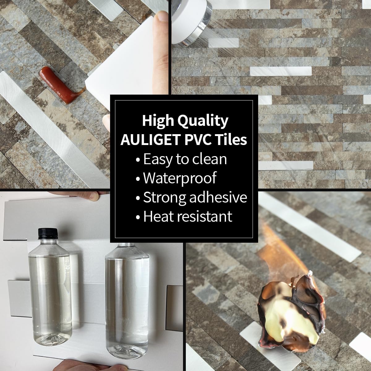 AULIGET 2 Sheets Beige & Brown Slate Peel and Stick Backsplash, PVC Mixed Metal Silver Wall Tile Stick on Backsplash for Kitchen and Bathroom