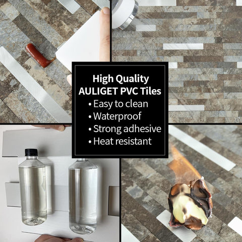 AULIGET 2 Sheets Beige & Brown Slate Peel and Stick Backsplash, PVC Mixed Metal Silver Wall Tile Stick on Backsplash for Kitchen and Bathroom
