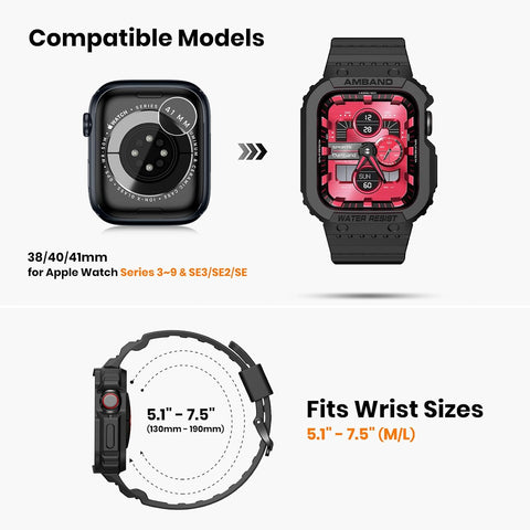amBand Compatible for Apple Watch Band 41mm 40mm 38mm with Bumper Case, Rugged Men Women Bands for iWatch SE 3 SE2nd SE Series 9 8 7 6 5 4 3 2, Sport Military Protective Cases Drop-Proof, Matte Black