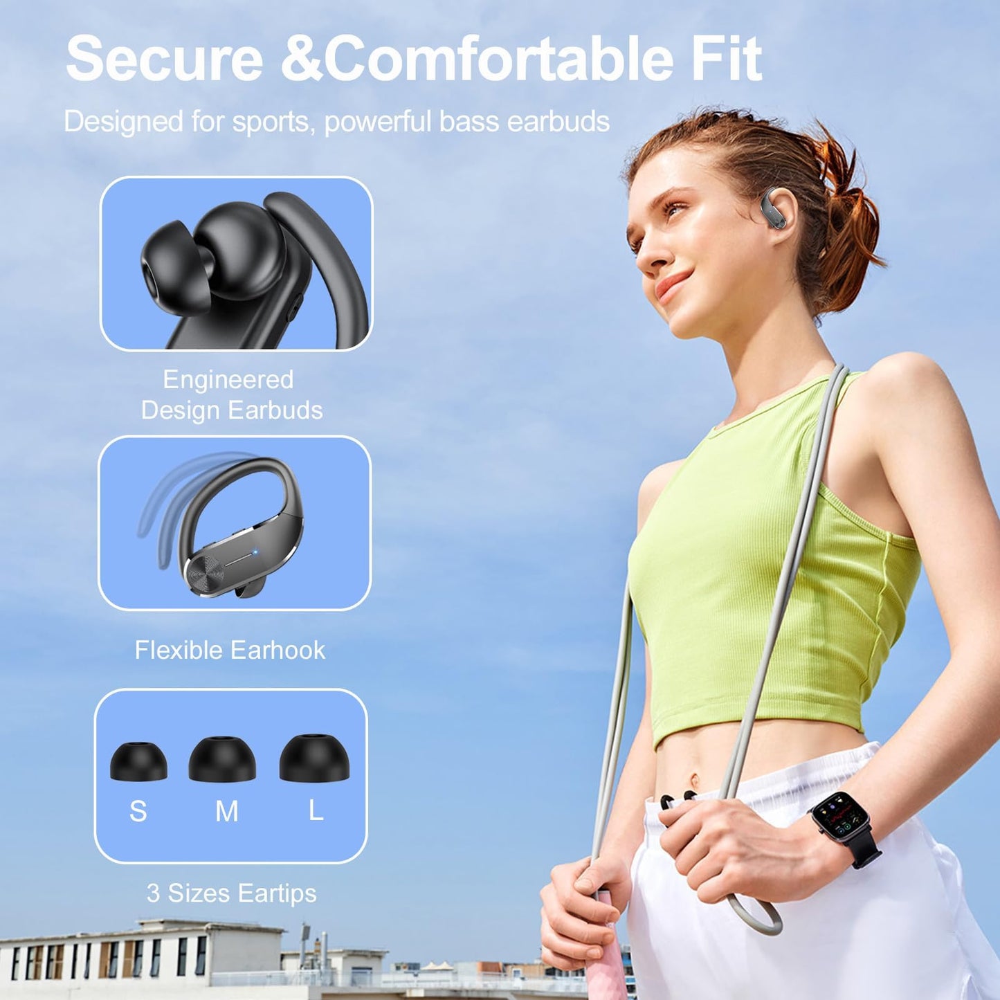 Ear buds Wireless Bluetooth Earbuds Sports 2024 NEW Earhooks Headphones Bluetooth 5.3 Earphones 58H Playtime IP8 Waterproof Powerful Bass over ear Headphones with LED Display Usb C for Gym/Running