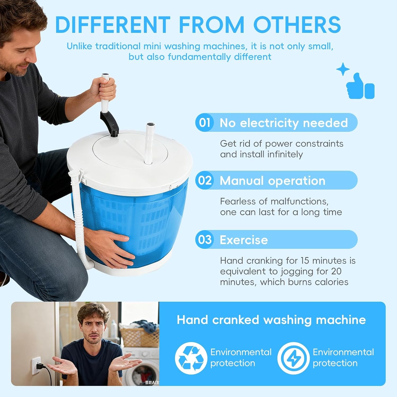 US Fast Arrival 2-in-1 Hand-Crank Portable Washer, Manual Portable Washing Machine & Spin Dryer with Suction Cup Base for Camping, Dorm, Travel, No Electricity, 4.4LBS Capacity Sky Blue