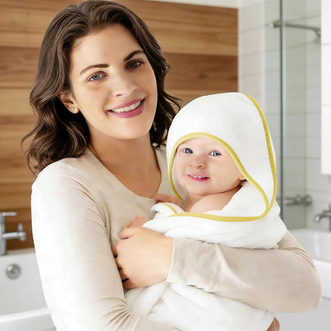 2 Pack Premium Baby Bath Towel - Rayon Made from Bamboo, Hooded Towels for Babies,Toddler,Infant - Newborn Essential -Perfect Baby Registry Gifts (White and Yellow, 30 x 30 Inch)
