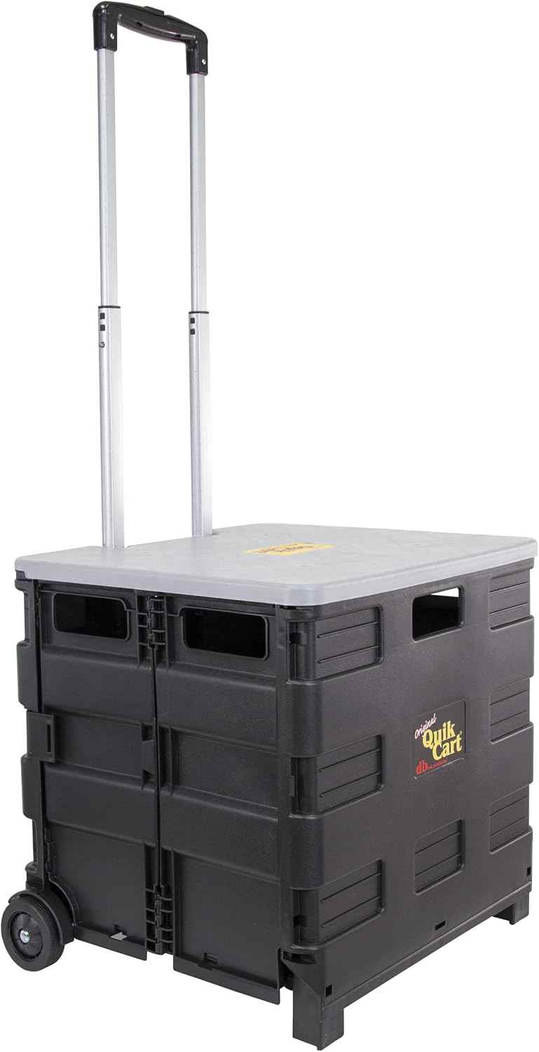 dbest Products Quik Cart Standard Collapsible Rolling Crate - Gray Lid | with Wheels, Roll Up to 80 lbs Capacity, Heavy Duty Plastic Construction, Telescoping Handle, Foldable Utility Cart